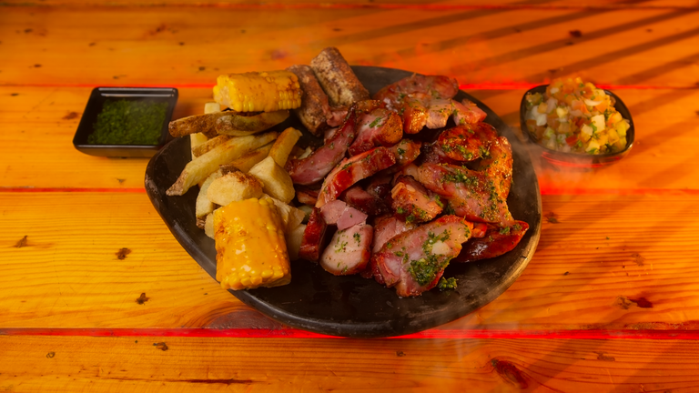 Mixed grill for two · smoked ribs (250 g), 2 chorizos & pork belly (150 g)